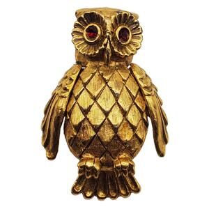 Gold Tone Owl Solid Perfume Pin Vonda Bird Brooch Red Eyes Vtg Nature Inspired